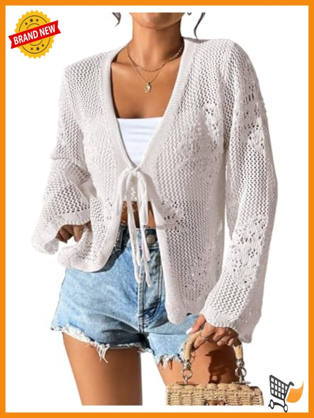 Lightweight Tie Front Cardigan Crochet Hollow Out Long Sleeve Summer Knit
